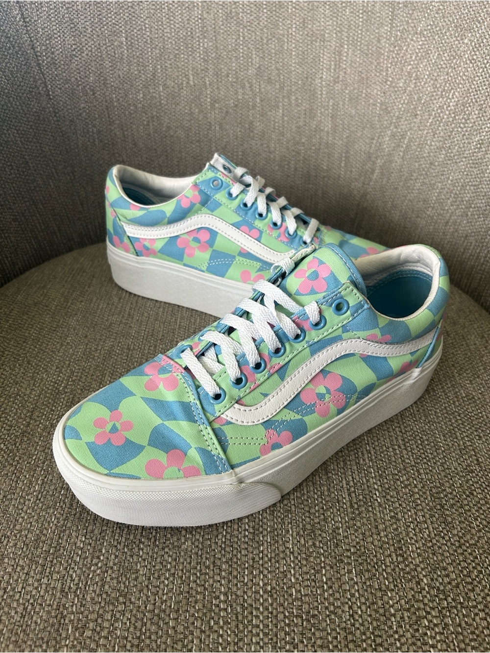 Vans Old Skool Stackform Checkerboard Floral Blue Platforms